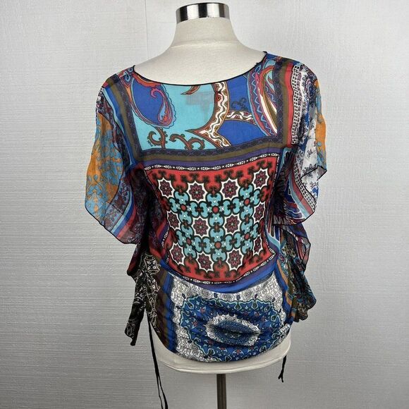 Hale Bob Blouse XS Womens Multicolor Print V Neck Silk Side Ties Semi Sheer - Picture 3 of 9